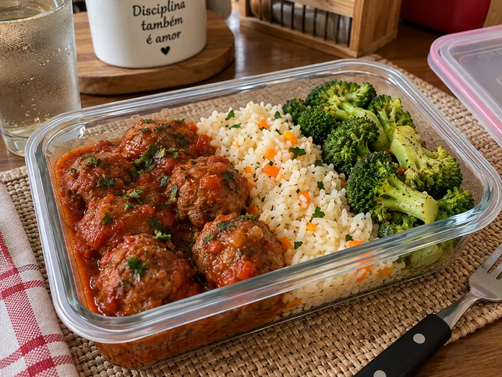 Marmita de Almôndegas com Arroz e Brócolis