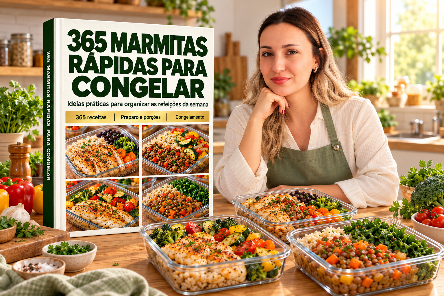 Isabela Ferreira com o livro 365 Marmitas Rápidas para Congelar e marmitas preparadas